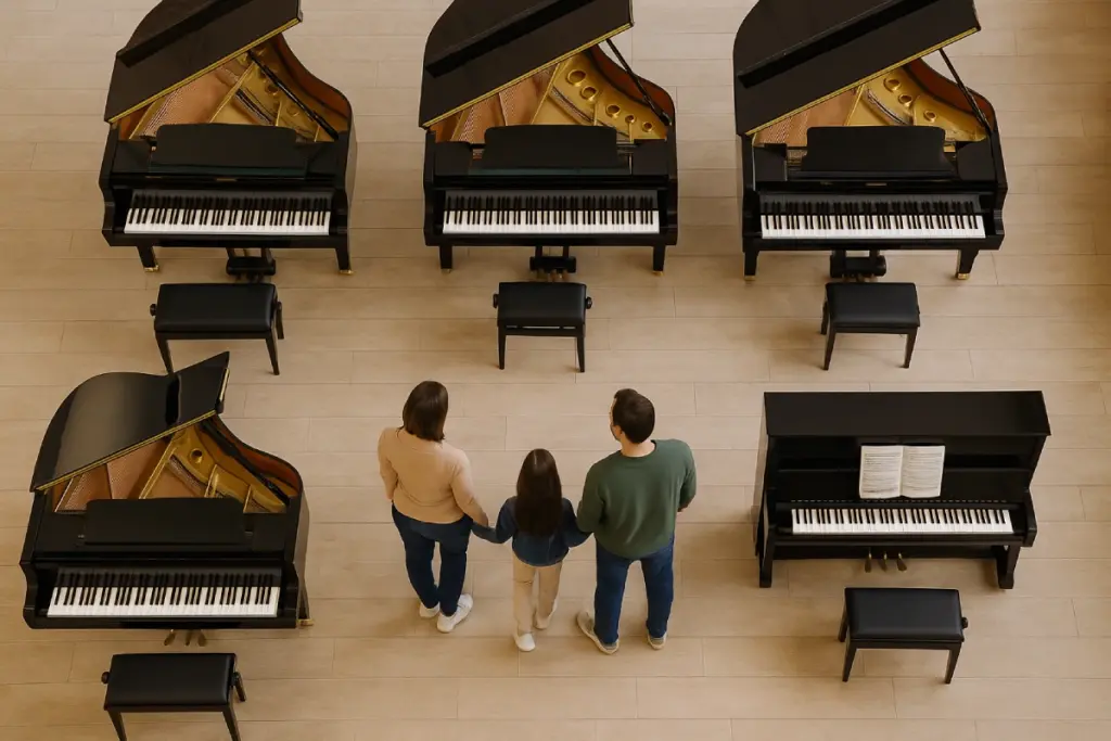 Junge Familie vor einem schwarzen Flügel im Klaviersalon. Symbolbild.