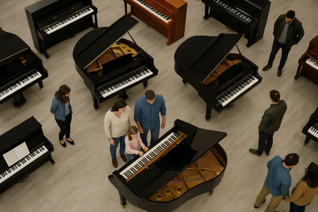 Junge Familie vor einem schwarzen Flügel im Klaviersalon. Symbolbild.